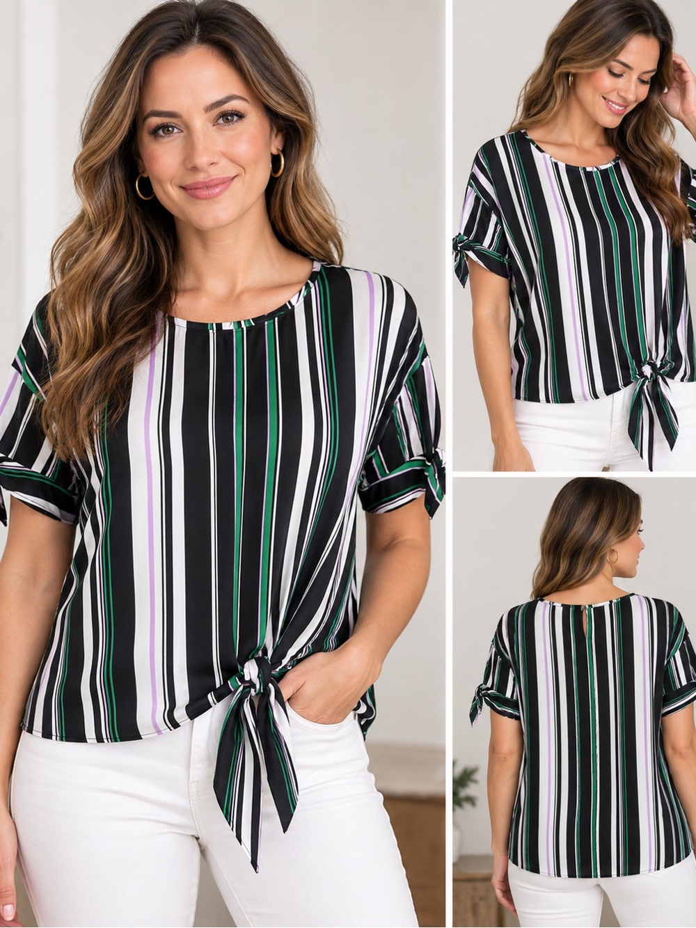 Striped Short-Sleeve Blouse in Black, White & Green,Tie Front Blouse,Large